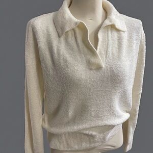Barefoot Dreams Cozy Chic Lite Cream V-Neck Polo Sweater M Cozy Soft